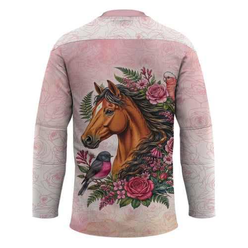 Melbourne Horse Pink Rose Wreath Hockey Jersey Aussie Galah Cockatoo and Pink Robin