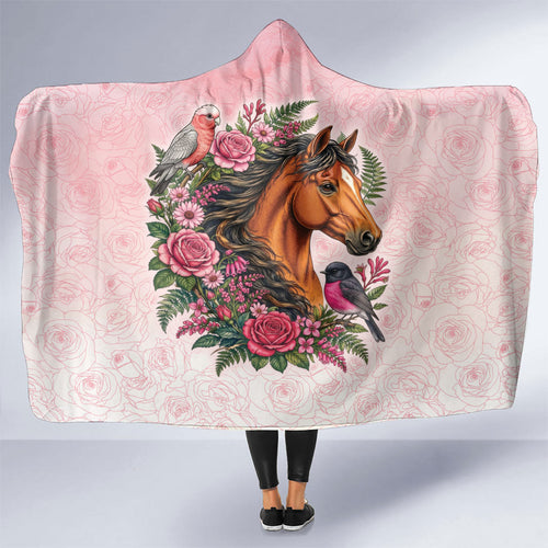 Melbourne Horse Pink Rose Wreath Hooded Blanket Aussie Galah Cockatoo and Pink Robin
