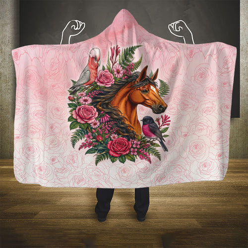 Melbourne Horse Pink Rose Wreath Hooded Blanket Aussie Galah Cockatoo and Pink Robin