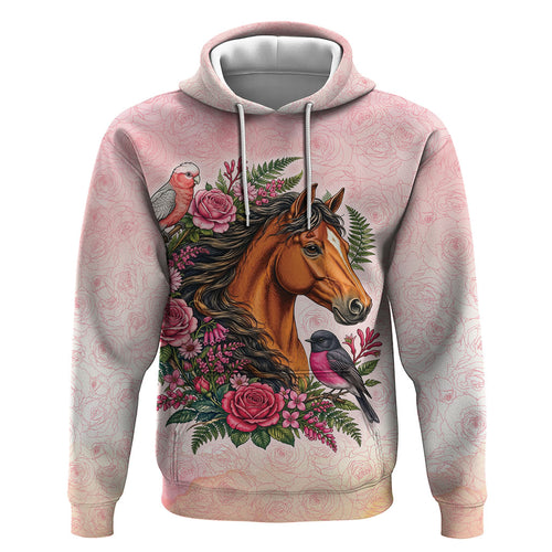 Melbourne Horse Pink Rose Wreath Hoodie Aussie Galah Cockatoo and Pink Robin