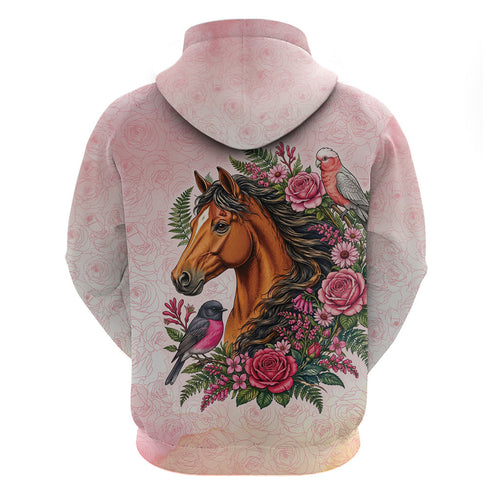 Melbourne Horse Pink Rose Wreath Hoodie Aussie Galah Cockatoo and Pink Robin