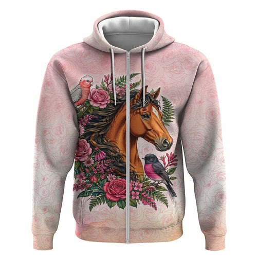 Melbourne Horse Pink Rose Wreath Hoodie Aussie Galah Cockatoo and Pink Robin