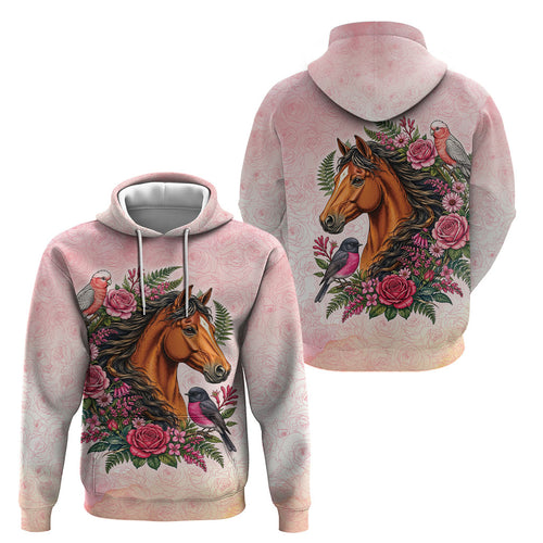 Melbourne Horse Pink Rose Wreath Hoodie Aussie Galah Cockatoo and Pink Robin