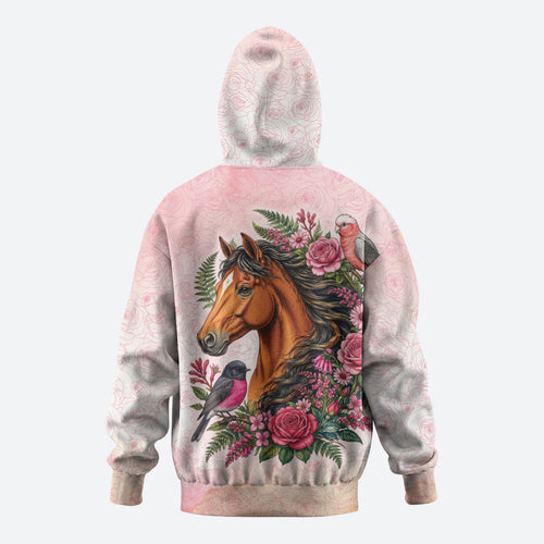 Melbourne Horse Pink Rose Wreath Hoodie Aussie Galah Cockatoo and Pink Robin