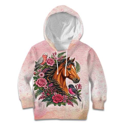 Melbourne Horse Pink Rose Wreath Kid Hoodie Aussie Galah Cockatoo and Pink Robin