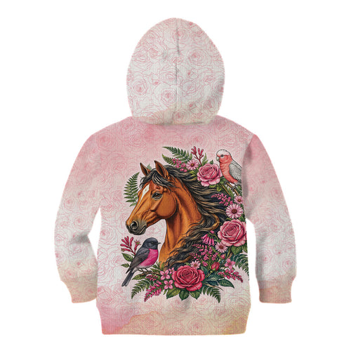Melbourne Horse Pink Rose Wreath Kid Hoodie Aussie Galah Cockatoo and Pink Robin
