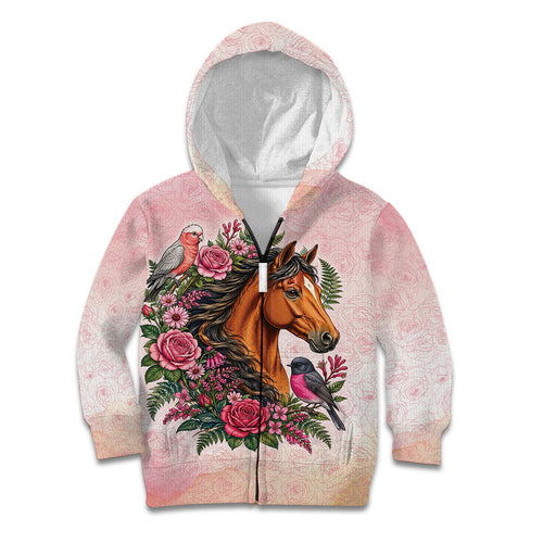Melbourne Horse Pink Rose Wreath Kid Hoodie Aussie Galah Cockatoo and Pink Robin