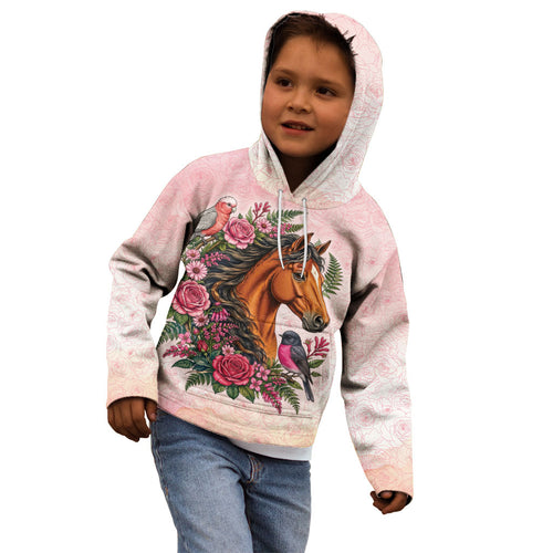 Melbourne Horse Pink Rose Wreath Kid Hoodie Aussie Galah Cockatoo and Pink Robin