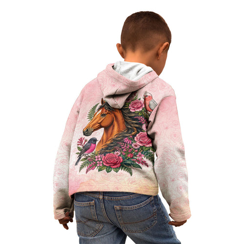 Melbourne Horse Pink Rose Wreath Kid Hoodie Aussie Galah Cockatoo and Pink Robin