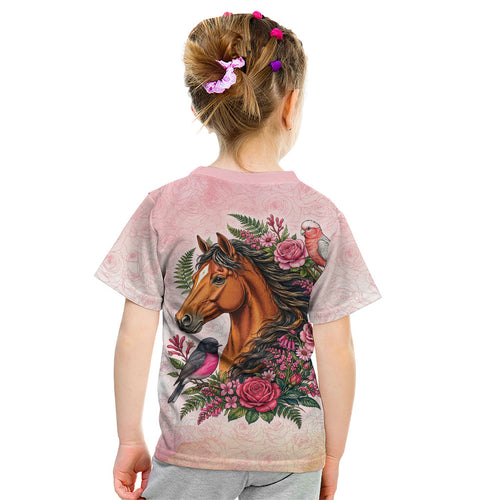 Melbourne Horse Pink Rose Wreath Kid T Shirt Aussie Galah Cockatoo and Pink Robin