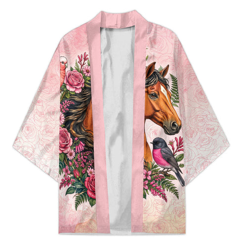 Melbourne Horse Pink Rose Wreath Kimono Aussie Galah Cockatoo and Pink Robin