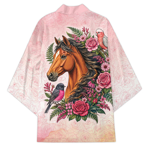 Melbourne Horse Pink Rose Wreath Kimono Aussie Galah Cockatoo and Pink Robin