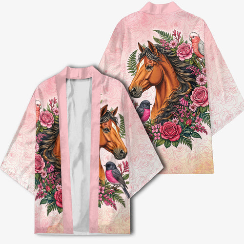 Melbourne Horse Pink Rose Wreath Kimono Aussie Galah Cockatoo and Pink Robin