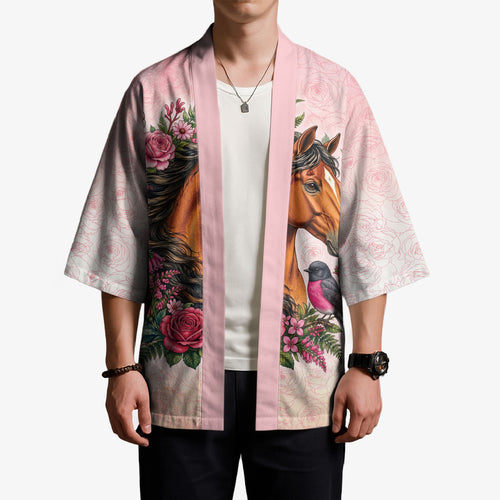 Melbourne Horse Pink Rose Wreath Kimono Aussie Galah Cockatoo and Pink Robin