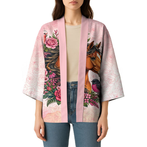 Melbourne Horse Pink Rose Wreath Kimono Aussie Galah Cockatoo and Pink Robin