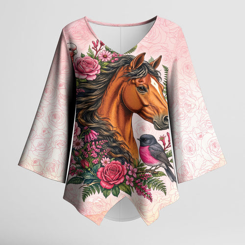 Melbourne Horse Pink Rose Wreath Kimono Sleeve Blouse Aussie Galah Cockatoo and Pink Robin