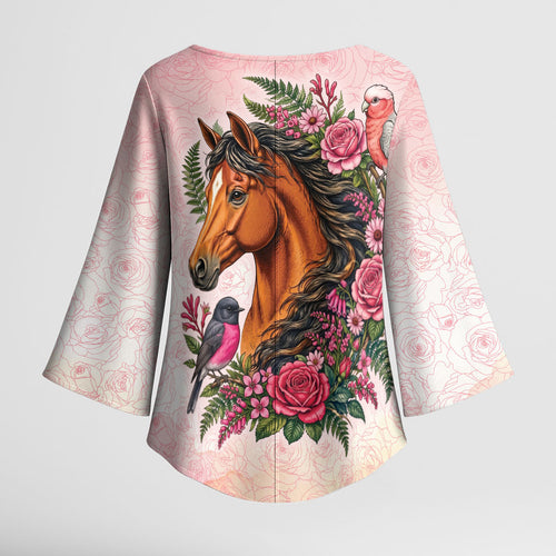 Melbourne Horse Pink Rose Wreath Kimono Sleeve Blouse Aussie Galah Cockatoo and Pink Robin