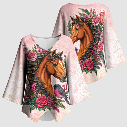 Melbourne Horse Pink Rose Wreath Kimono Sleeve Blouse Aussie Galah Cockatoo and Pink Robin