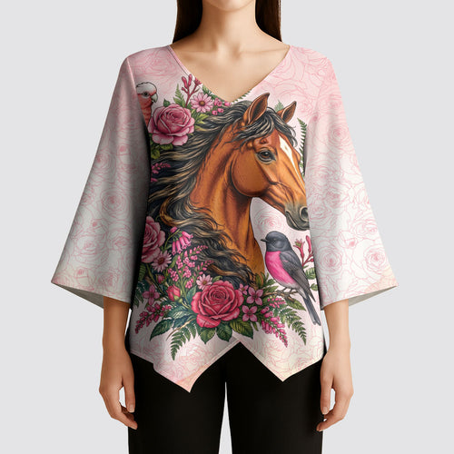 Melbourne Horse Pink Rose Wreath Kimono Sleeve Blouse Aussie Galah Cockatoo and Pink Robin