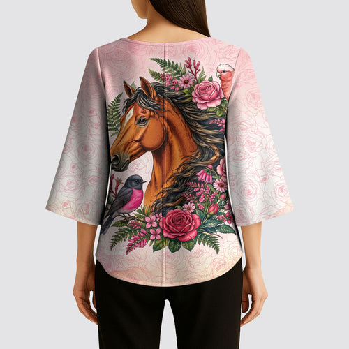 Melbourne Horse Pink Rose Wreath Kimono Sleeve Blouse Aussie Galah Cockatoo and Pink Robin