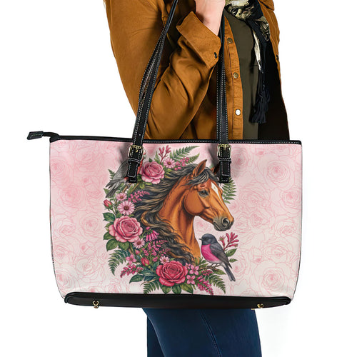 Melbourne Horse Pink Rose Wreath Leather Tote Bag Aussie Galah Cockatoo and Pink Robin