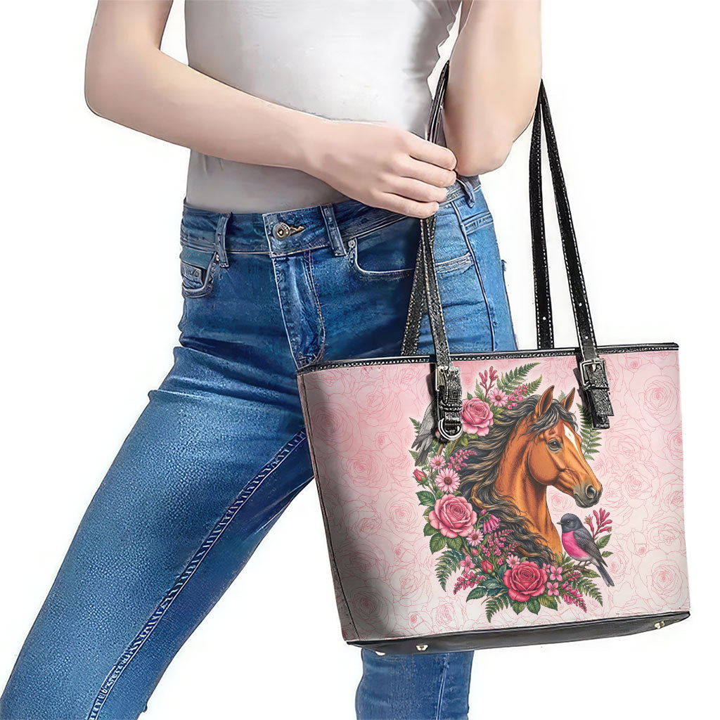 Melbourne Horse Pink Rose Wreath Leather Tote Bag Aussie Galah Cockatoo and Pink Robin