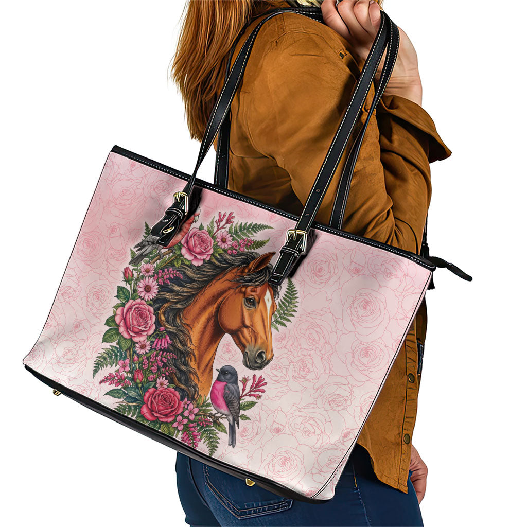 Melbourne Horse Pink Rose Wreath Leather Tote Bag Aussie Galah Cockatoo and Pink Robin