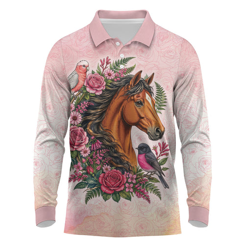 Melbourne Horse Pink Rose Wreath Long Sleeve Polo Shirt Aussie Galah Cockatoo and Pink Robin