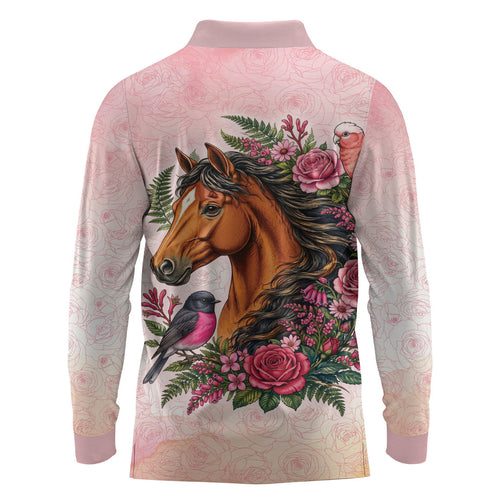 Melbourne Horse Pink Rose Wreath Long Sleeve Polo Shirt Aussie Galah Cockatoo and Pink Robin