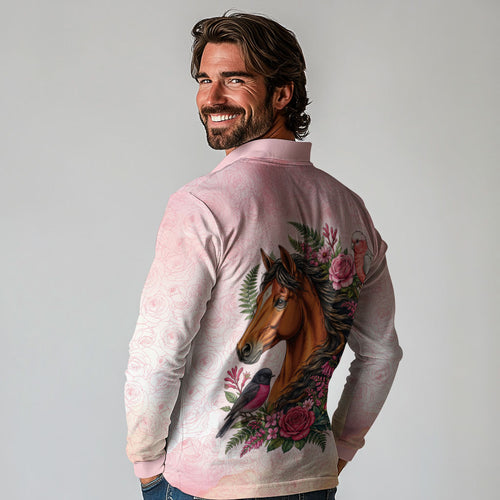 Melbourne Horse Pink Rose Wreath Long Sleeve Polo Shirt Aussie Galah Cockatoo and Pink Robin