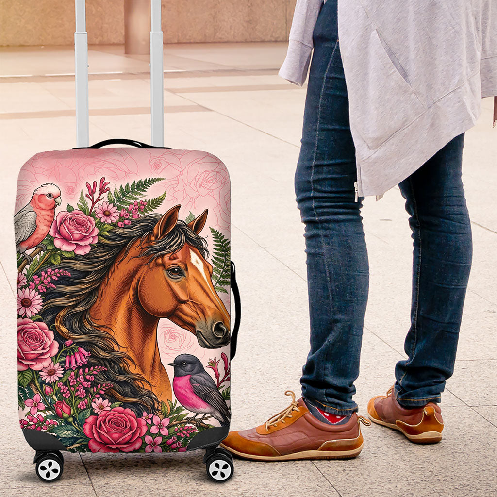 Melbourne Horse Pink Rose Wreath Luggage Cover Aussie Galah Cockatoo and Pink Robin