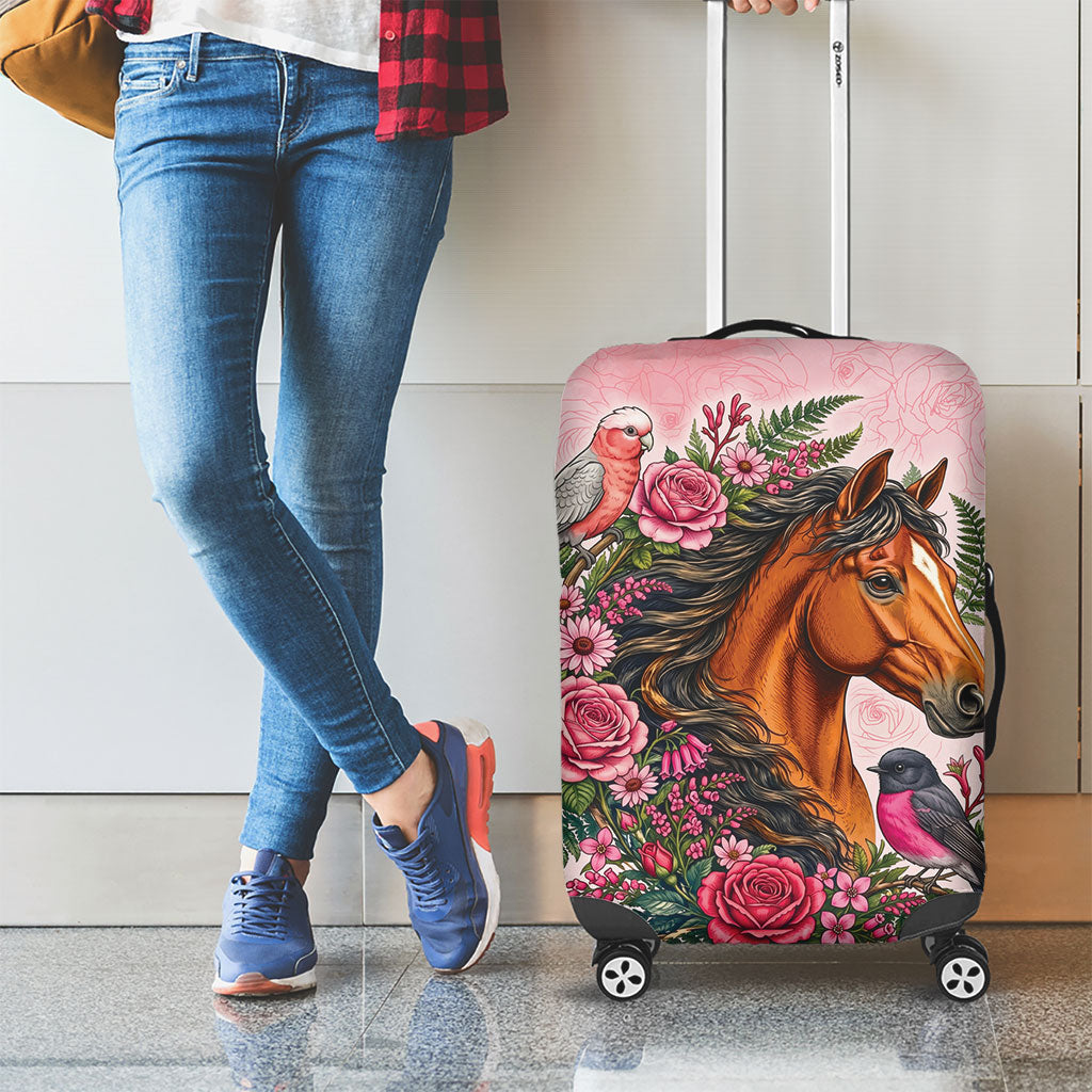 Melbourne Horse Pink Rose Wreath Luggage Cover Aussie Galah Cockatoo and Pink Robin