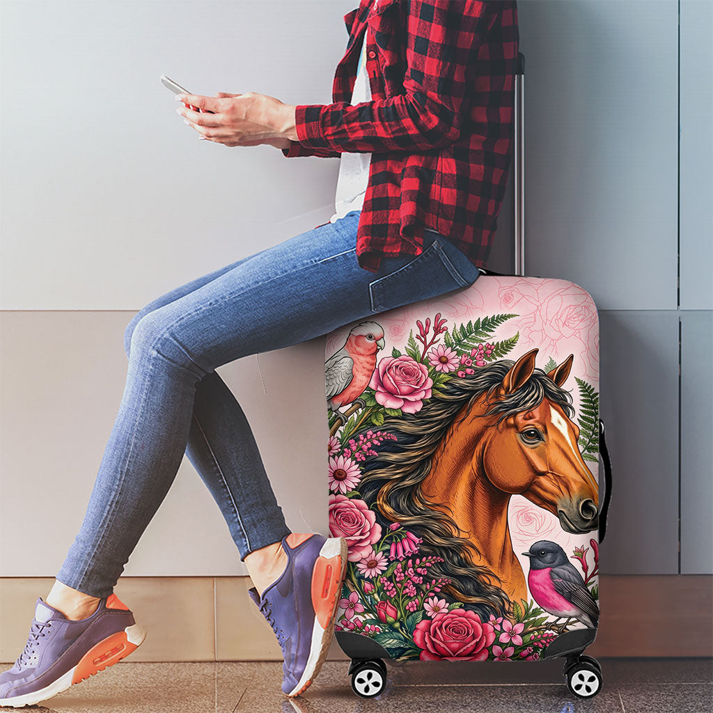 Melbourne Horse Pink Rose Wreath Luggage Cover Aussie Galah Cockatoo and Pink Robin
