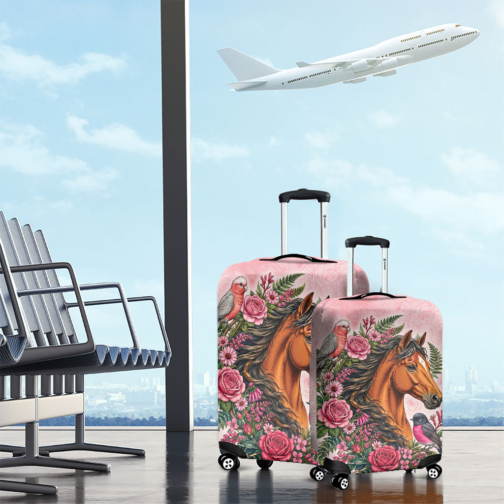 Melbourne Horse Pink Rose Wreath Luggage Cover Aussie Galah Cockatoo and Pink Robin