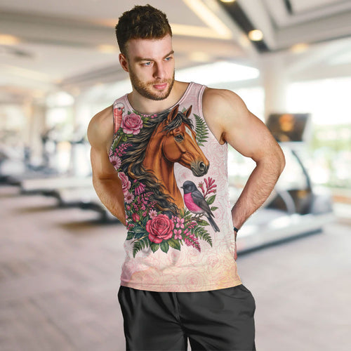 Melbourne Horse Pink Rose Wreath Men Tank Top Aussie Galah Cockatoo and Pink Robin