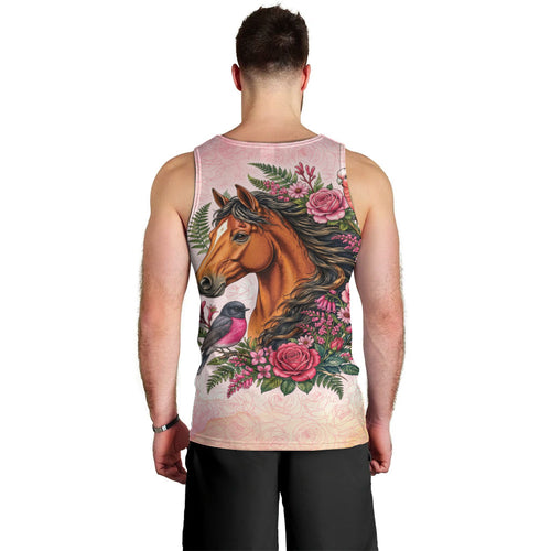 Melbourne Horse Pink Rose Wreath Men Tank Top Aussie Galah Cockatoo and Pink Robin