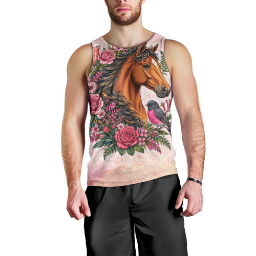 Melbourne Horse Pink Rose Wreath Men Tank Top Aussie Galah Cockatoo and Pink Robin