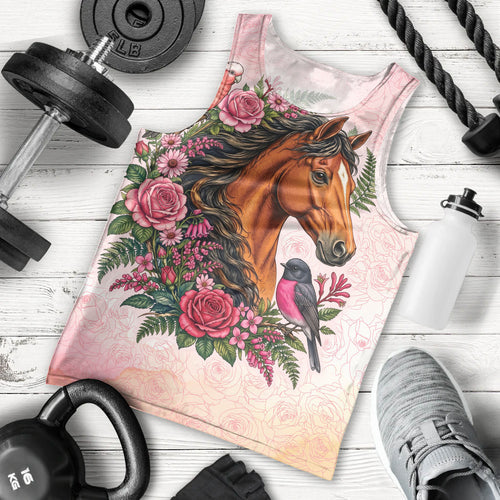 Melbourne Horse Pink Rose Wreath Men Tank Top Aussie Galah Cockatoo and Pink Robin