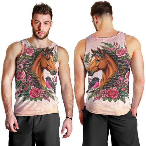 Melbourne Horse Pink Rose Wreath Men Tank Top Aussie Galah Cockatoo and Pink Robin