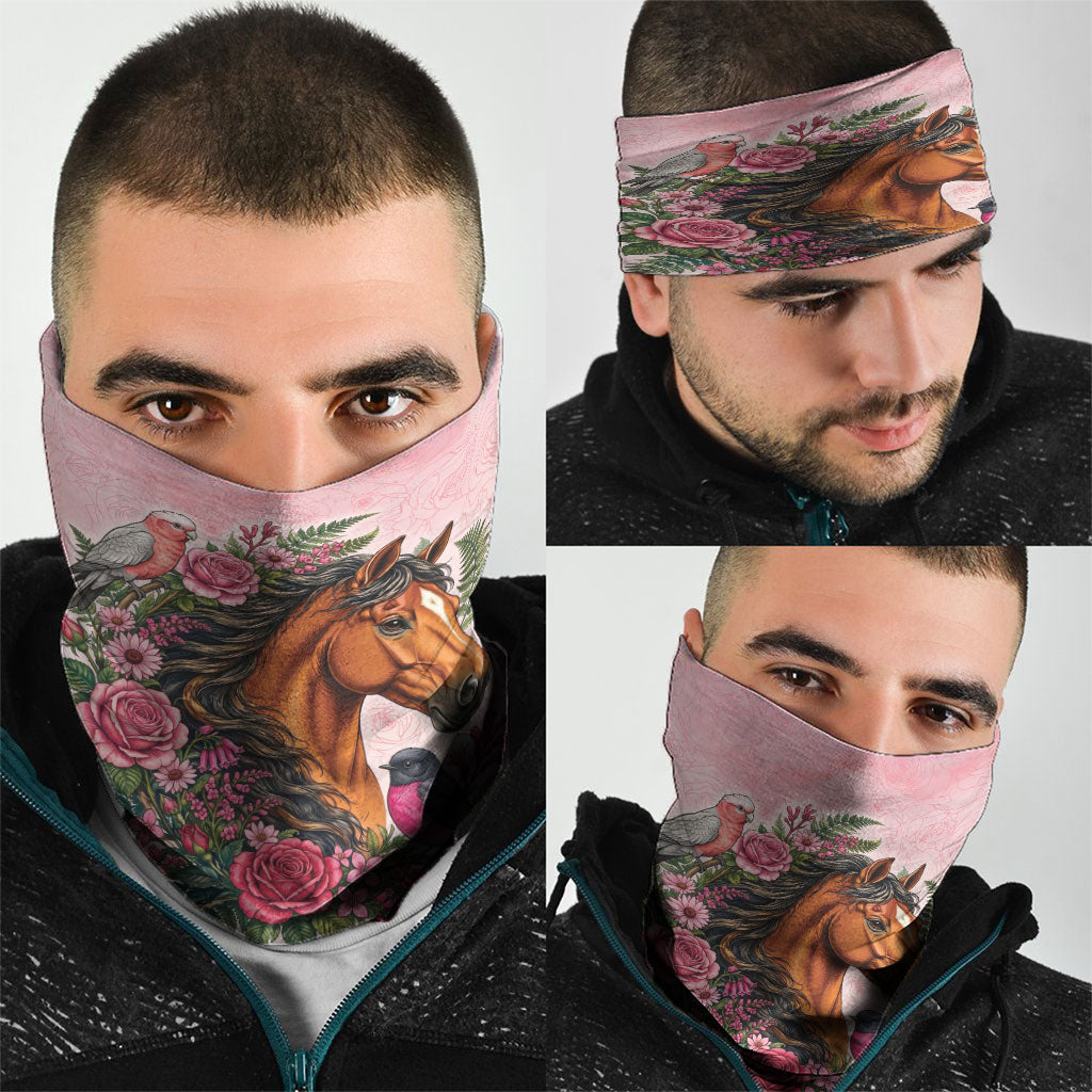 Melbourne Horse Pink Rose Wreath Neck Gaiter Aussie Galah Cockatoo and Pink Robin