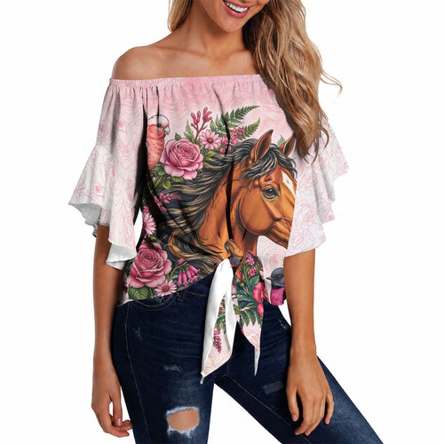 Melbourne Horse Pink Rose Wreath Off Shoulder Wrap Waist Top Aussie Galah Cockatoo and Pink Robin