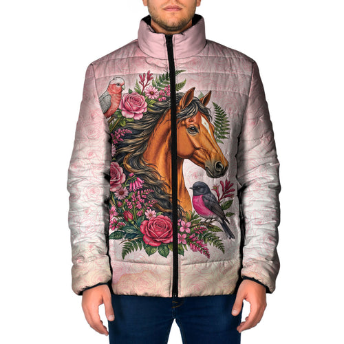 Melbourne Horse Pink Rose Wreath Padded Jacket Aussie Galah Cockatoo and Pink Robin