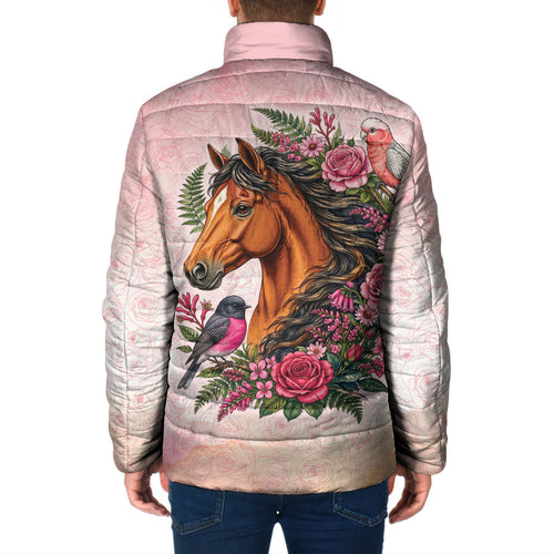 Melbourne Horse Pink Rose Wreath Padded Jacket Aussie Galah Cockatoo and Pink Robin