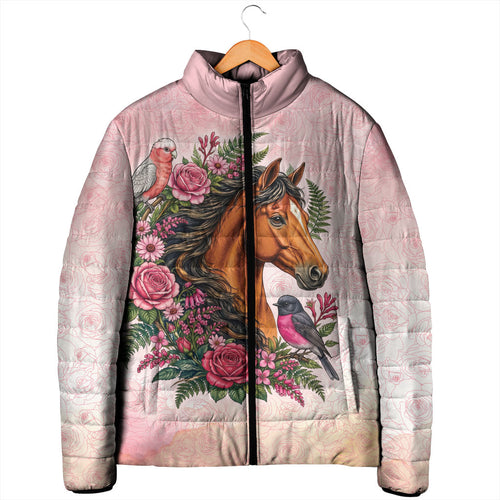 Melbourne Horse Pink Rose Wreath Padded Jacket Aussie Galah Cockatoo and Pink Robin