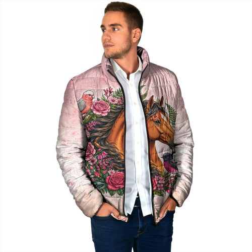 Melbourne Horse Pink Rose Wreath Padded Jacket Aussie Galah Cockatoo and Pink Robin