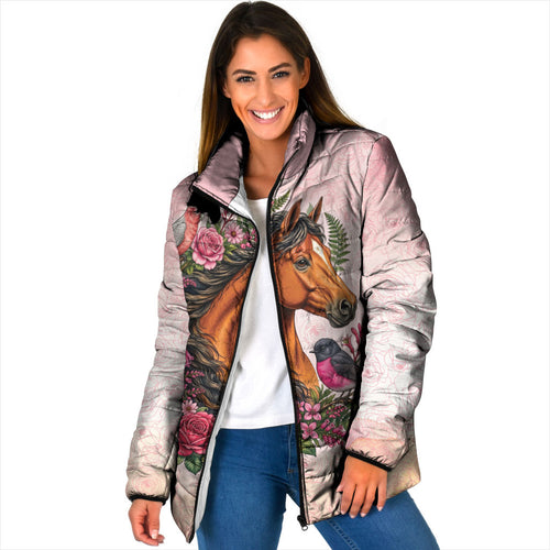Melbourne Horse Pink Rose Wreath Padded Jacket Aussie Galah Cockatoo and Pink Robin
