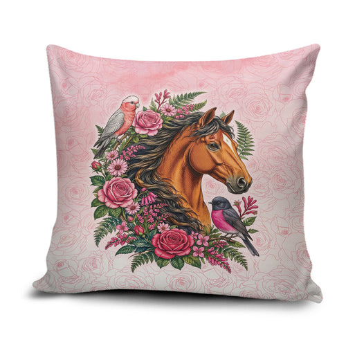 Melbourne Horse Pink Rose Wreath Pillow Cover Aussie Galah Cockatoo and Pink Robin