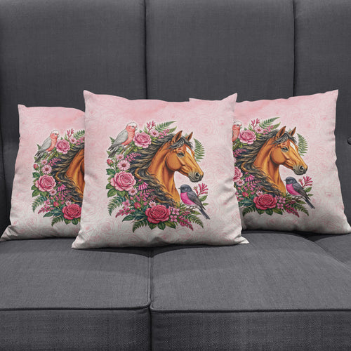 Melbourne Horse Pink Rose Wreath Pillow Cover Aussie Galah Cockatoo and Pink Robin