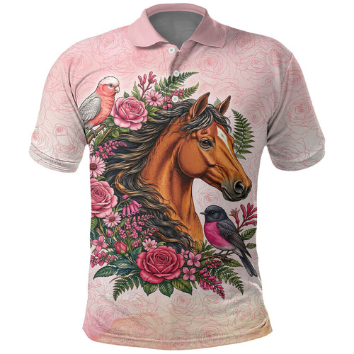 Melbourne Horse Pink Rose Wreath Polo Shirt Aussie Galah Cockatoo and Pink Robin
