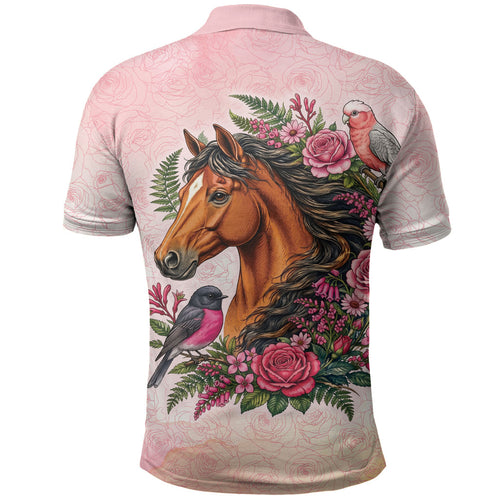 Melbourne Horse Pink Rose Wreath Polo Shirt Aussie Galah Cockatoo and Pink Robin